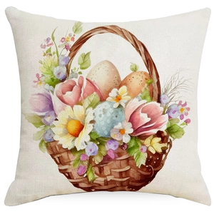 Detailed texture of linen Easter pillowcase featuring watercolor eggs and spring flowers