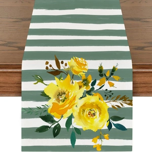 Spring floral table runner with green white stripes and yellow watercolor flowers
