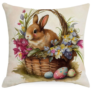 Easter pillow cover with retro watercolor bunny in basket and colorful eggs on white background