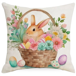 Easter watercolor cushion cover featuring a bunny basket and colorful eggs on linen fabric