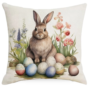 Easter bunny and colorful eggs decorative linen throw pillow cover for sofa decor