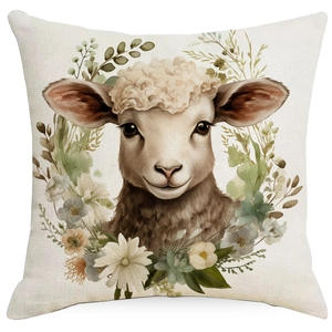 Detail of square pillowcase with watercolor sheep and floral pattern on linen fabric