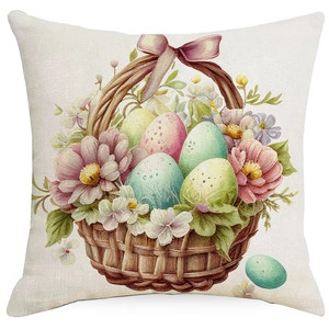 Macro view of Easter pillow case with watercolor bunny egg basket on linen fabric