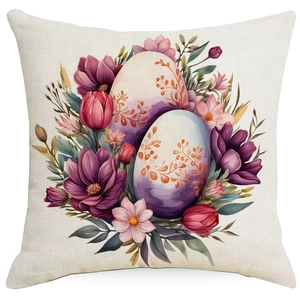 Close-up of Easter pillowcase showing watercolor floral eggs on linen fabric texture