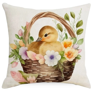 Detailed view of watercolor duckling in floral basket on linen Easter pillow cover