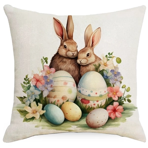 Easter bunny and colorful eggs decorative linen square pillowcase with floral watercolor art