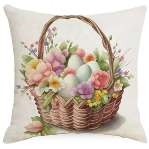 Easter throw pillow cover featuring watercolor basket with eggs and spring flowers