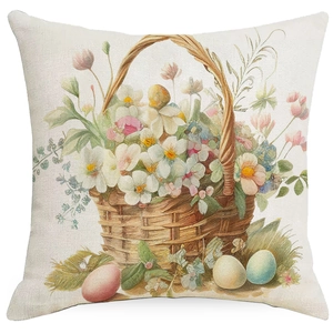 Easter throw pillow cover featuring a watercolor flower basket and eggs on linen fabric