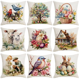 Easter Bunny Egg Watercolor Linen Throw Pillow Case Square Cushion Cover For Sofa Living Room Home Decor Decorative