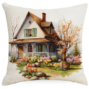 Easter decorative throw pillow cover featuring a watercolor rural cottage and garden landscape