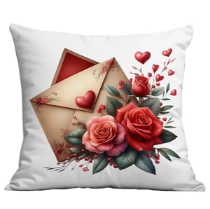 Valentine's Day pillow case with vintage letters, red hearts and blooming roses