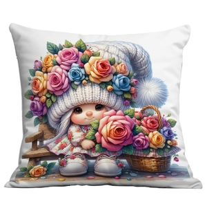 Garden gnome girl pillow cover with rose flowers and knitting hat on white background