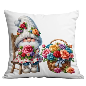 Detailed view of garden gnome cushion cover with rose basket and knitted hat print