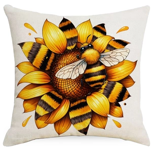 Detailed macro view of the bee and sunflower print on the linen-textured pillowcase