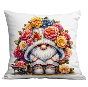 Close-up of garden gnome and rose flower print on white decorative cushion cover