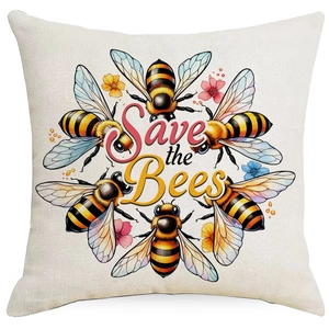 Detail view of cotton linen pillow cover with Save the Bees slogan and bee floral print