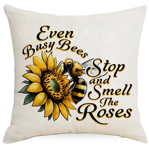 Spring bee and sunflower decorative square throw pillow cover in ivory cotton linen