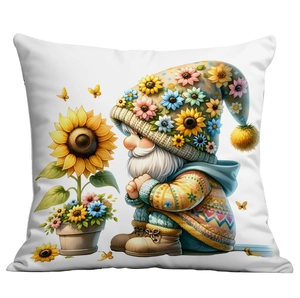 Detail of sunflower gnome cushion cover featuring a colorful elf and floral art print