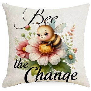 Close-up of linen fabric texture and bee floral print with Bee the Change text