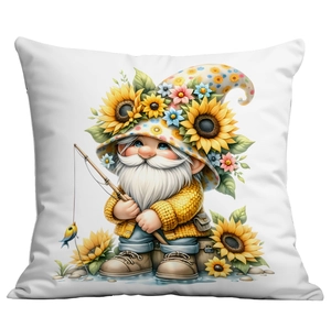 Detail of sunflower gnome cushion cover with bird and floral illustration on white fabric