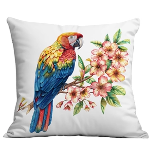 Detailed macro view of watercolor parrot and floral print on white square cushion cover