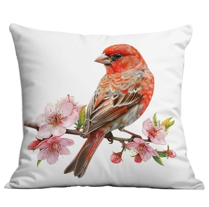 Close-up of spring bird and cherry blossom print on high-quality square pillowcase
