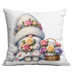 Spring gnome pillow case with floral garden wreath and roses on white cushion cover