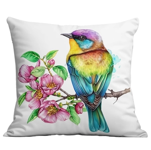 Detail of white square cushion cover with vibrant kingfisher and floral watercolor print