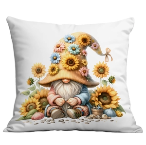 Detailed macro view of white sunflower gnome pillowcase with vibrant floral digital print
