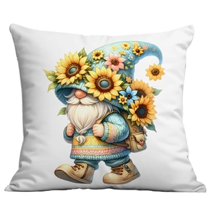 Detail of sunflower gnome cushion cover with intricate colorful embroidery on white fabric