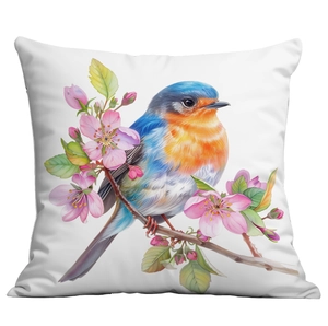 Detailed macro view of watercolor bird and flower print on white sofa cushion cover