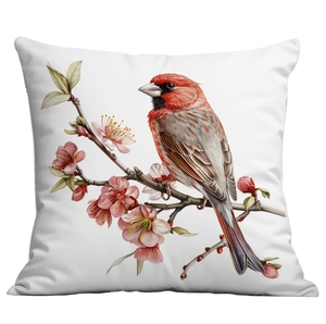 Detailed view of white throw pillow featuring realistic bird and floral branch prints