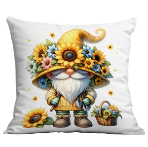 Sunflower Gnome decorative pillow cover on white background for garden home decor