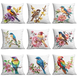 Spring Bird Floral Throw Pillow Case Decorative Square Cushion Cover Soft Short Plush Pillow Protector For Living Room Sofa