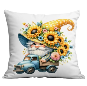 Sunflower gnome and blue vintage truck print on a white square decorative pillowcase