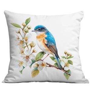 White throw pillow cover with bird and flower print for living room sofa decoration