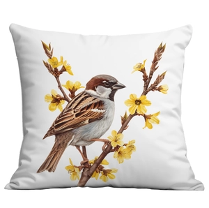 White square pillowcase featuring a realistic sparrow and yellow flower print