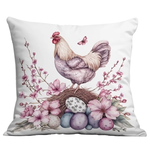 Dettaglio federa pasquale con gallo ad acquerello, uova e motivi di fiori di ciliegio