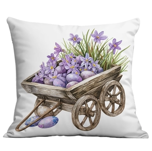 Federa cuscino Pasqua con carrello acquerello e fiori viola su sfondo bianco