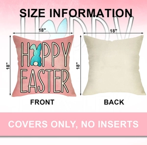 Detail view of 18x18 inch Easter pillow case showing front bunny print and back plain fabric