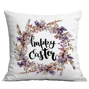 Fodera per cuscino quadrata bianca con ghirlanda di lavanda e scritta Happy Easter di Pasqua