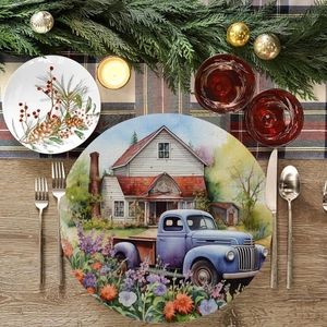 Detail of round dining mat featuring watercolor vintage blue truck and spring flowers