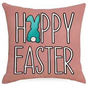 Square pink canvas Easter pillowcase with Happy Easter text and blue bunny silhouette