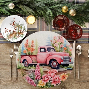 Detail of round linen placemat showing high-precision watercolor floral truck pattern print