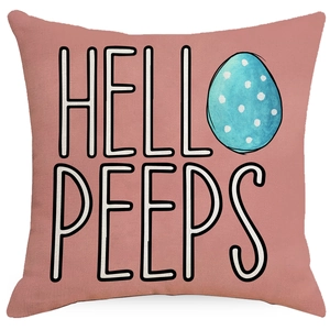Easter cushion cover with Hello Peeps text and blue polka dot egg on rose pink fabric