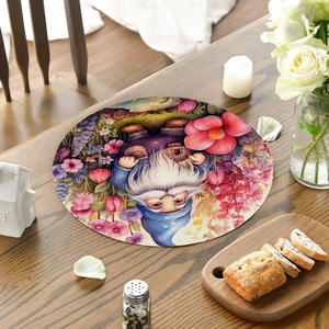 Detail of round dining mat featuring garden gnome and vibrant floral patterns on wood