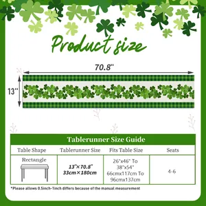 Detailed size guide chart for St. Patrick's Day green clover table runner 13x70.8 inches