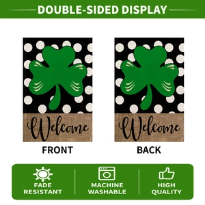 Detail of St. Patrick's Day garden flag showing double-sided clover print and welcome text