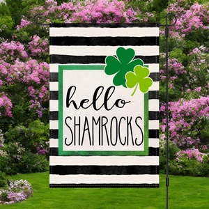 St. Patrick's Day garden flag with hello shamrocks print on black and white stripes