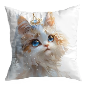 White square cushion cover with cute dreamy cat print and pearl crown illustration